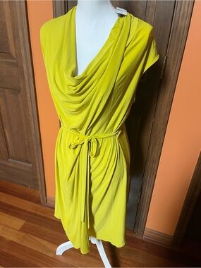 Natori Draped Cowl Neck Midi Dress in Bright Yellow with Self-Tie Belt
